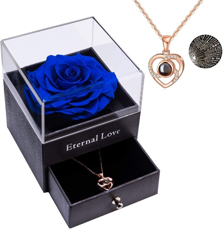 Photo 2 of Yamonic Mothers Day Mom Gifts Roses with Heart Love You Necklace in 100 Languages Gifts for Mom Wife Her Mother's Day Birthday Gifts for Women, Eternal Love Real Preserved Rose, Blue 