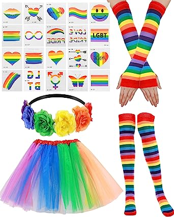 Photo 1 of 24 Pcs Women's Rainbow Pride Accessories for Lesbian LGBT Rose Flower Headband, Classic Elastic Tutu Skirts, Rainbow Socks, Arm Warmer Fingerless Gloves Rainbow Temporary Party Favors Supplies 