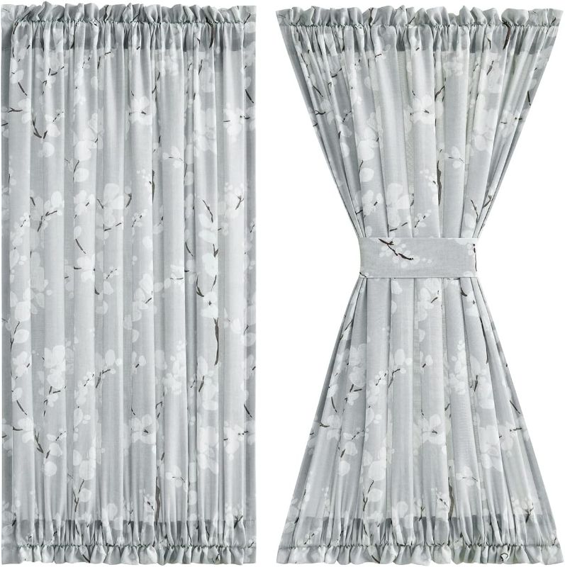 Photo 1 of 1 Panel!!!FMFUNCTEX White Grey French Door Curtains Blossom Printed Small Curtains for Glass Front Door Vintage Floral Pattern Light Filtering Drapes 54”W x 40” L Rod Pocket 1 Panel