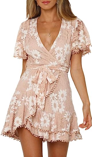 Photo 1 of  Womens Sexy V Neck Floral Lace Wrap Dresses SIZE S