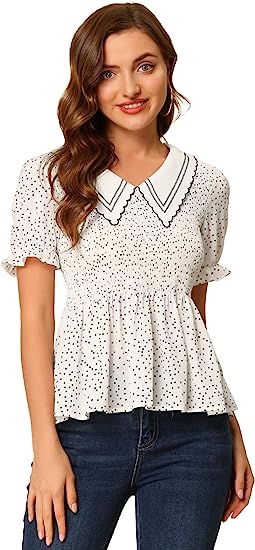 Photo 1 of  Women's Peter Pan Collar Blouse Smocked Peplum Polka Dots Tops size M