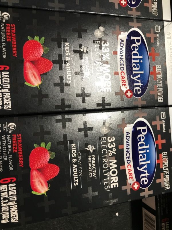 Photo 2 of 2 pack 12 count Pedialyte AdvancedCare Plus Electrolyte Powder, with 33% More Electrolytes and PreActiv Prebiotics, Strawberry Freeze, Electrolyte Drink Powder Packets, 0.6 oz,  exp oct 2023