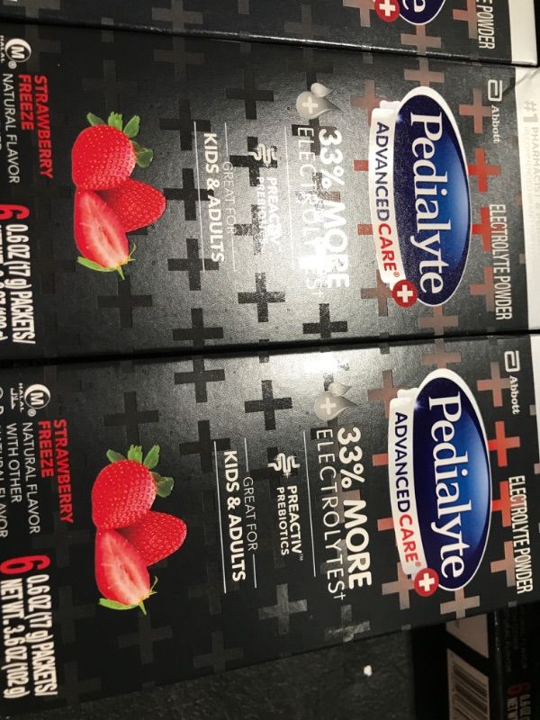 Photo 1 of 2 PACK Pedialyte AdvancedCare Plus Electrolyte Powder, with 33% More Electrolytes and PreActiv Prebiotics, Strawberry Freeze, Electrolyte Drink Powder Packets, 0.6 oz, 12 Count  exp oct 2023
