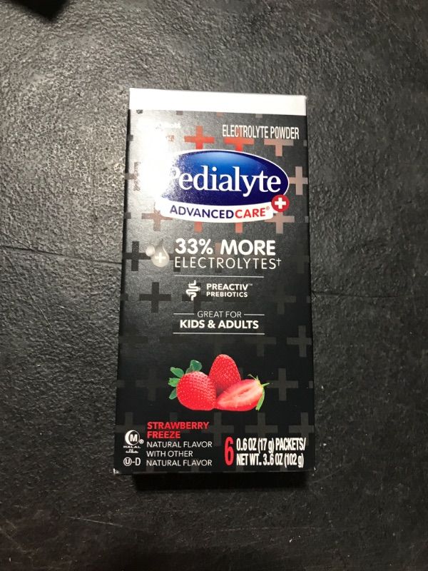 Photo 2 of 2 PACK Pedialyte AdvancedCare Plus Electrolyte Powder, with 33% More Electrolytes and PreActiv Prebiotics, Strawberry Freeze, Electrolyte Drink Powder Packets, 0.6 oz, 6 Count  exp oct 2023