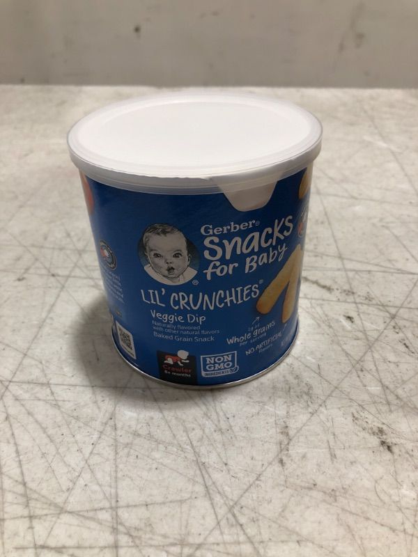 Photo 2 of EXP 02/01/2023 Gerber Snacks for Baby Lil’ Crunchies, Veggie Dip, Non-GMO Baked Grain Snack with No Artificial Flavors, Baby Snack for Crawlers, 1.48-Ounce Canister (Pack of 1)