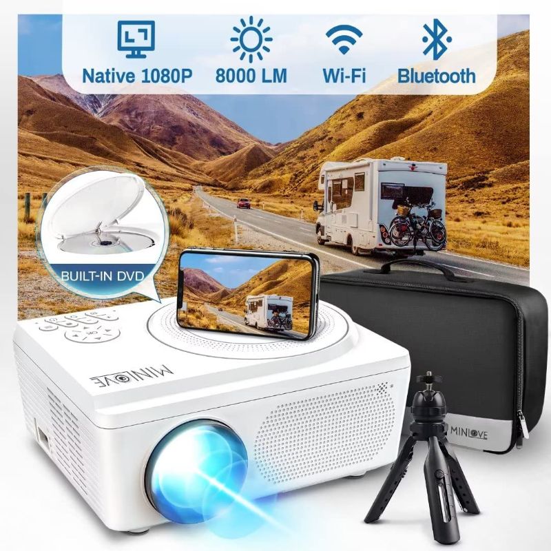 Photo 1 of Native 1080P WiFi Bluetooth Projector Built in DVD Player, MINLOVE Full HD Portable Projector, Mini Video Movie Projector for Outdoor, Zoom & Sleep Timer Support, Compatible with TV/HDMI/VGA/AV/USB/TF
