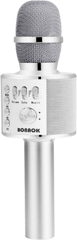 Photo 1 of BONAOK Wireless Bluetooth Karaoke Microphone,3-in-1 Portable Handheld Mic Speaker for All Smartphones,Gifts for Kids Adults All Age Q37(Silver)