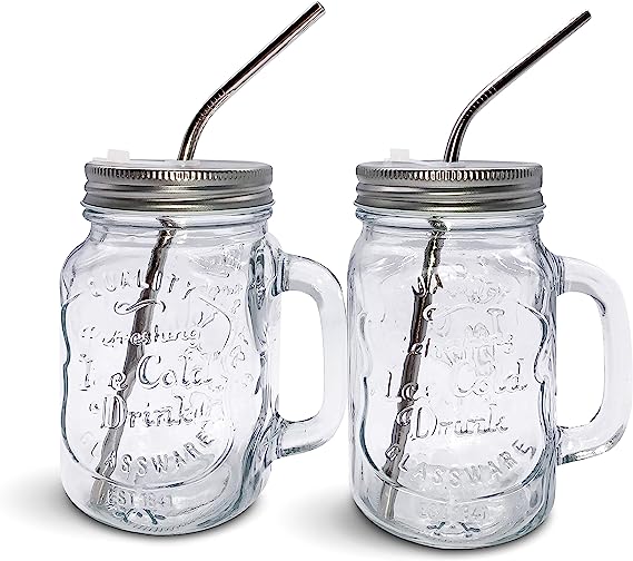 Photo 1 of  Mason Jar Mugs with Handle,  with 2 Reusable Stainless Steel Straw, Set of 2