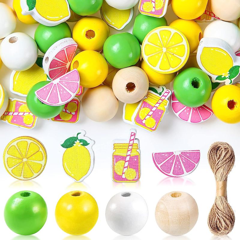 Photo 1 of 160 Pieces Wood Beads Craft Set 16 mm Lemon Yellow and Green Wooden Beads Lemonade Party Decoration Natural Round Beads with Rope for Making Bracelet Necklace Tiered Tray Farmhouse Home Decor 