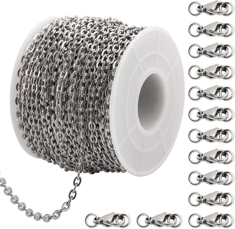 Photo 1 of 32 Feet Stainless Steel Chain Silver Chain for Jewelry Making with 20 Sets Lobster Clasps with Jump Rings Roll Chain Bulk Chain (Wide 3.0mm) SET 
