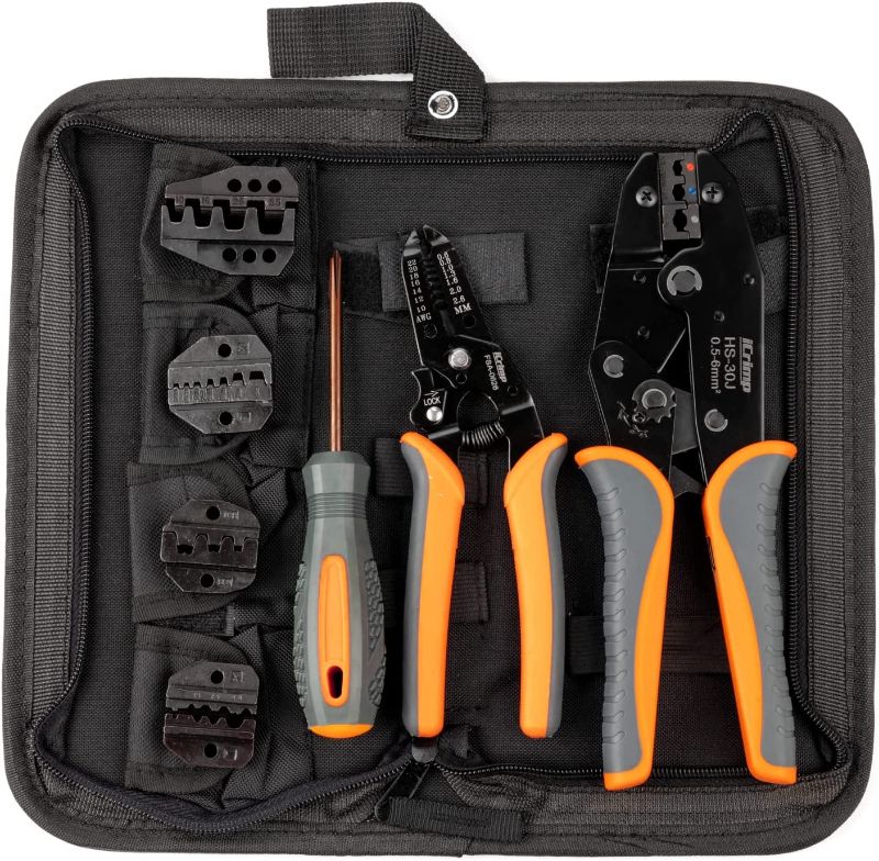 Photo 1 of  Ratchet Wire Crimping Tool Set w/ 5 Interchangeable Jaws for Insulated and Non-Insulated Terminals AWG20-2, Wire Stripper included