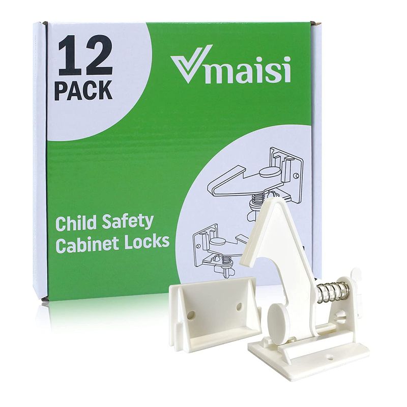 Photo 1 of 12 Pack Cabinet Locks Child Safety Latches - Vmaisi Baby Proofing Cabinets Drawer Lock with Adhesive Easy Installation - No Drilling or Extra Screws (White)
