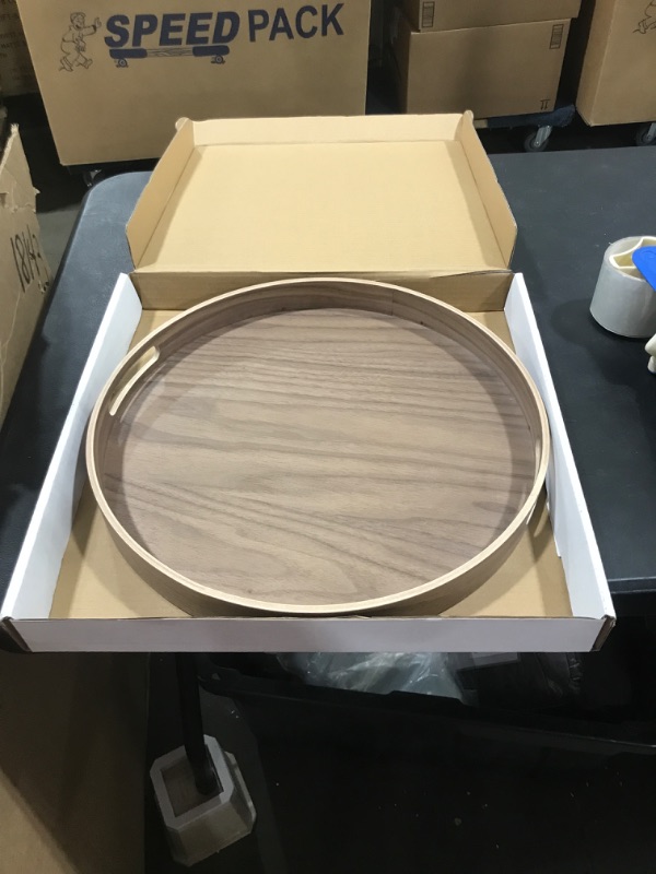 Photo 2 of 16.5" Walnut Large Round Serving Tray with Handles, 