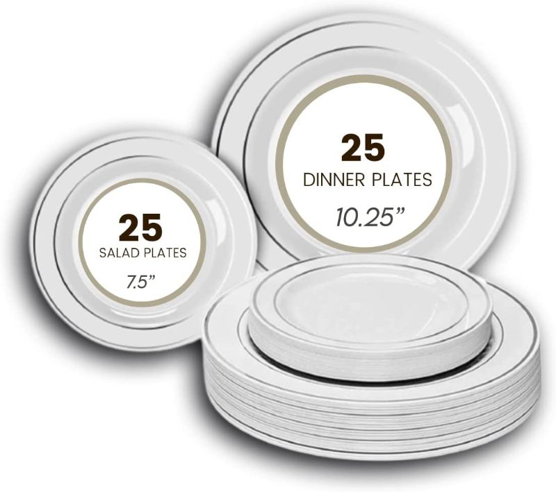 Photo 1 of 50 Classy Disposable Plastic Plates, 25 Pieces of 10.25 Inch and 25 Pieces of 7.5 Inch White Plates, Silver Trim
