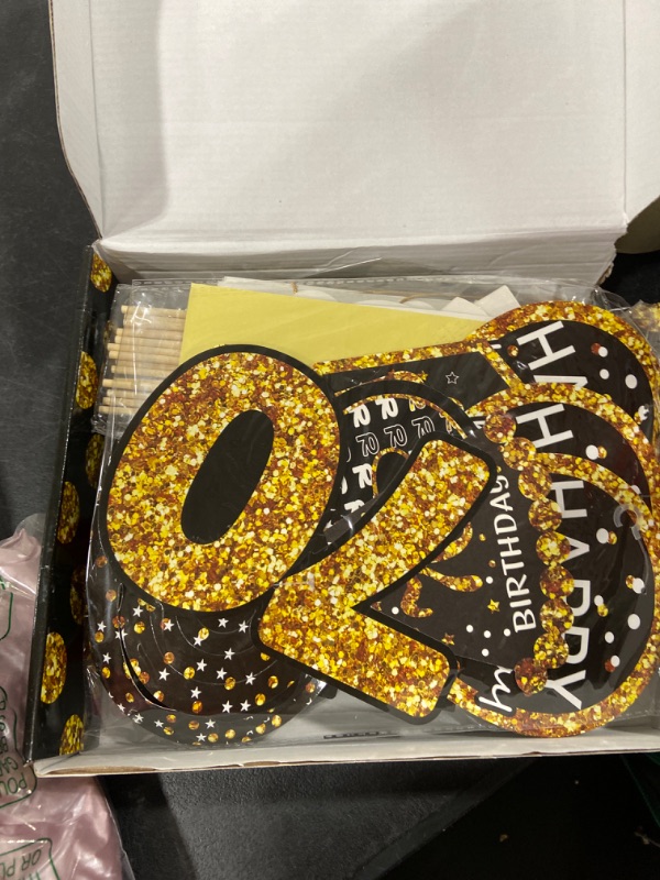 Photo 1 of 70th birthday decorations for men women - (76pack) black gold party Banner, Pennant, Hanging Swirl, birthday balloons, Tablecloths, cupcake Topper, Crown, plates, Photo Props, Birthday Sash for gifts