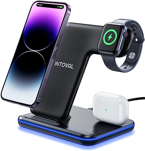 Photo 1 of Intoval Wireless Charger, 3 in 1 Charger for iPhone/iWatch/Airpods, Qi-Certified Charging Station for iPhone 13/12/11/Pro/Max/XS/Max/XR/XS/X, iWatch 7/6/SE/5/4/3/2, Airpods Pro/3/2/1 (Z5,Black)