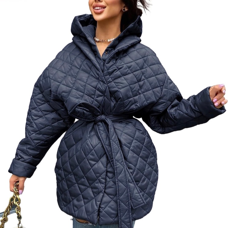 Photo 1 of BTFBM Women Button Down Quilted Jacket Coat 2023 Fall Winter Fashion Belt Pockets Removable Padded Hood Puffer Outerwear