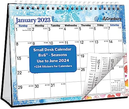 Photo 1 of CRANBURY Small Desk Calendar 2023 2024 - (8x6", Seasons), Use Now to June 2024, Standing Desk Calendar, Colorful Monthly Desk Easel Calendar, Compact Size, Perfect for Desktop, Includes Stickers