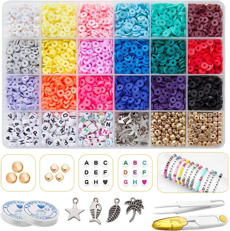 Photo 1 of Clay Beads, 3600 PCS Flat Polymer Letter Beads for Bracelets Making Kit, Small Clay Heishi Beads with Charms and Strings, Spacer Alphabet Bead for Jewelry Making Preppy Supplies Fit Kids and Adults 