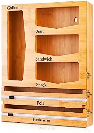 Photo 1 of Ziplock Bag Organizer and Wrap Dispenser with Cutter – Practical 6-in-1 Bamboo Kitchen Drawer Organizer Store Gallons, Quarts, Sandwich and Snack Bags, Plastic Wrap, Foil, Wax