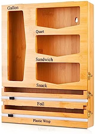 Photo 1 of Ziplock Bag Organizer and Wrap Dispenser with Cutter – Practical 6-in-1 Bamboo Kitchen Drawer Organizer Store Gallons, Quarts, Sandwich and Snack Bags, Plastic Wrap, Foil, Wax
