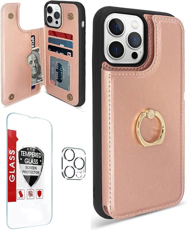 Photo 1 of [3 in 1] iPhone 14 Pro Max Case Wallet with Card Holder, [Tempered Glass Screen Protector + Camera Lens Protector], RFID Blocking, 360°Rotation Ring Kickstand, Military Protective Flip Case (Pink)