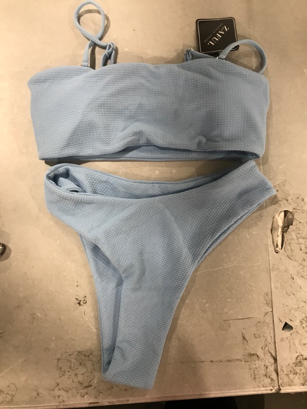 Photo 2 of ZAFUL Women Textured Bikini with Removable Straps, High Waisted Bandeau Swimsuit Two Piece Bathing Suits A-light Blue Medium Size 6 