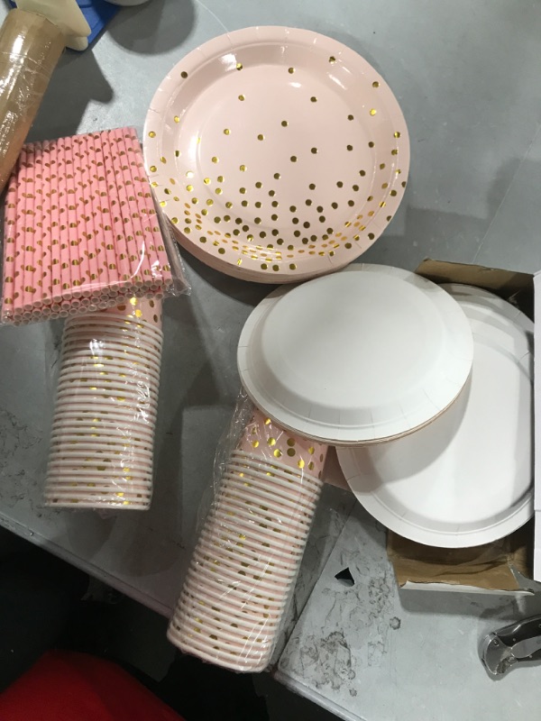 Photo 2 of 310PCS Pink and Gold Party Supplies - Disposable Paper Plates Dinnerware Set Rose Gold Dots 50 Dinner Plates 50 Dessert Plates 50 Cups 50 Napkins 50 Straws 60 Balloons Birthday Party Wedding Holiday