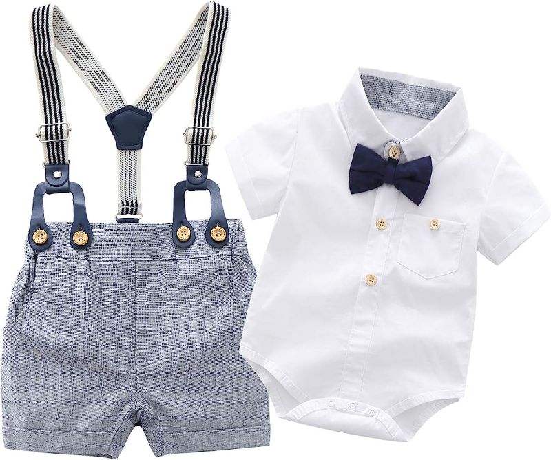 Photo 1 of Baby Boys Gentleman Outfits Suits, Infant Short Sleeve Shirt+Bib Pants+Bow Tie Clothes Set
59/44