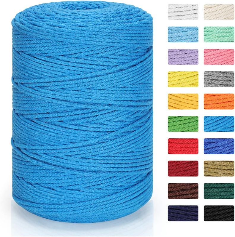 Photo 1 of 3mm×547yd Natural Macrame Cotton Cord - Cotton Macrame Rope, 4 Strand Twisted 100% Natural Cotton for Handmade Wall Hanging, DIY, Craft Making, Knitting, Plant Hangers, Decorative Projects (Blue) 3mm×547yd