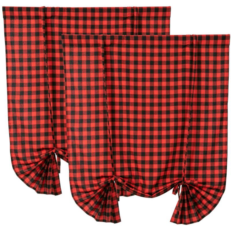 Photo 1 of 2 Pack Buffalo Check Plaid Tie Up Shades Farmhouse Style Gingham Rod Pocket Window Curtain for Kitchen 42x63 Inches White and Black (Red and Black)