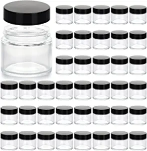 Photo 1 of 2oz Glass Jars 40 Pack, Hoa Kinh Mini Round Clear Glass Jars with Inner Liners and Black Lids, Perfect for Storing Lotions, Powders, and Ointments
