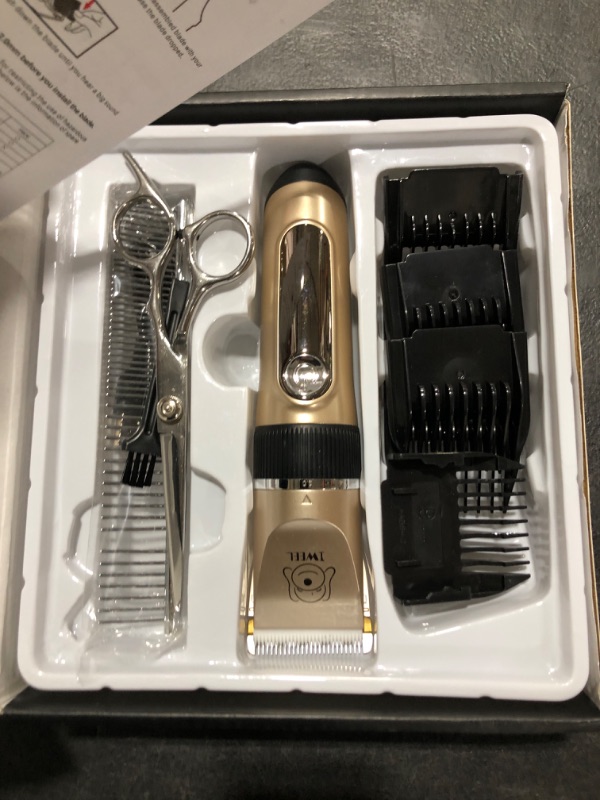 Photo 1 of Dog Clippers, 2-Speed Professional Rechargeable Cordless Cat Shaver and Low Noise Water Proof Electric Dog Trimmer Pet Grooming Kit Animal Hair Clippers Tool with Scissors Combs Gold