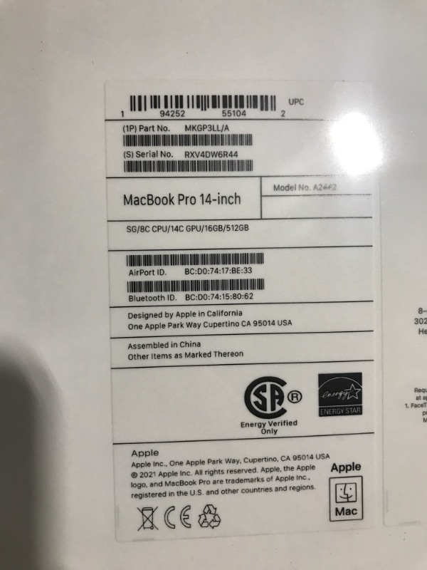 Photo 5 of Apple 2021 MacBook Pro (14-inch, M1 Pro chip with 8?core CPU and 14?core GPU, 16GB RAM, 512GB SSD) - Space Gray 512 GB Space Gray - BOX OPENED FOR INSPECTION AND PICTURES-