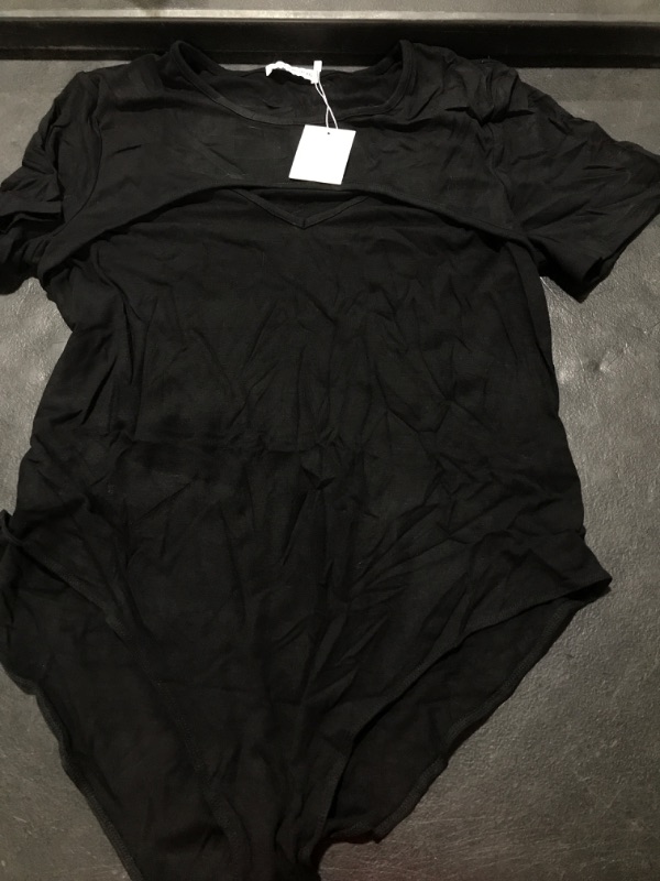 Photo 2 of  XX-Large MANGOPOP Women's Cutout Front T Shirt Sleeveless Long Sleeve Short Sleeve Bodysuit Jumpsuits A Short Sleeve Black (V-shape)