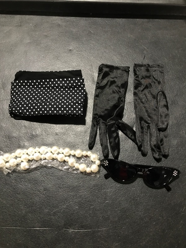 Photo 2 of 1950's Women Costume Accessories 50s Polka Dot Hairband, Cat Eye Glasses, Faux Pearl Necklace Stud Earrings, Dress Gloves Black and White