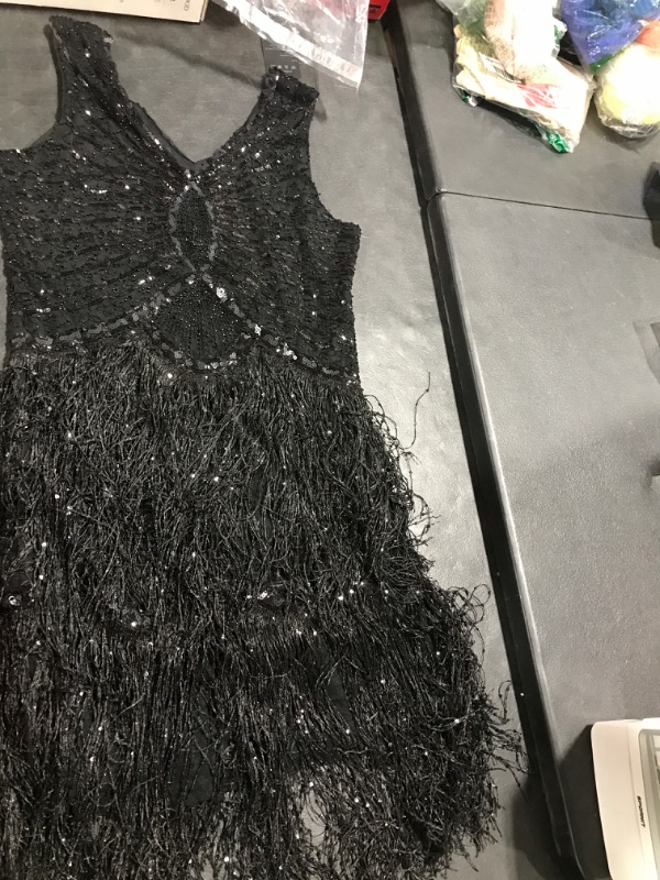 Photo 2 of  X-Large Plus Size 1920s Vintage Fringed Gatsby Sequin Beaded Tassels Hem Flapper Dress for Women Black