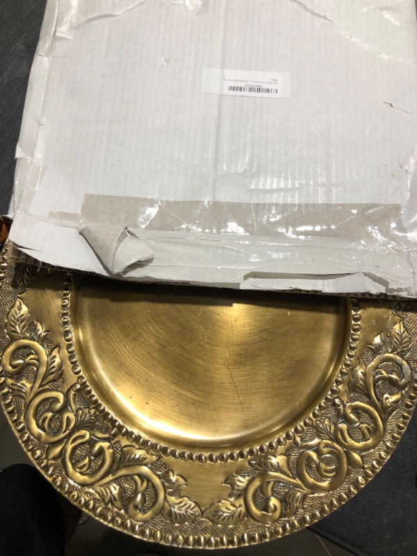 Photo 2 of Adorn Decor 13 inch Antique Gold Round Serving Tray, Decorative Tray, Decorative Centerpiece for Coffee Table, Ottoman or Dining Table, Vintage Tray for Rustic Home Decor, Floral Engraved Gold Tray