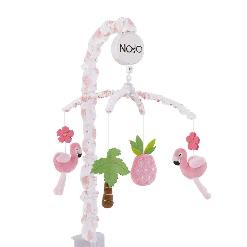 Photo 1 of Nojo Tropical Flamingo Nursery Crib Musical Mobile With Plush Pink Flamingos, Flowers, Palm Tree & Pineapple, Pink, White, Green
