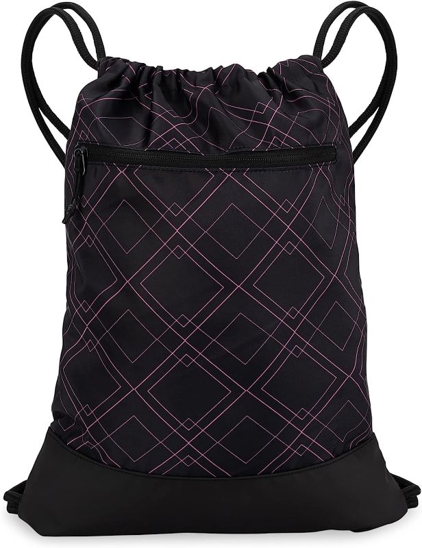 Photo 1 of Drawstring Backpack for Women | Durable Lightweight Gym Backpack with Graphic Designs | Great for Drawstring Bags for the Gym, Travel, and Overnights | Black/Rose - Geometric 