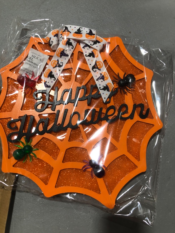 Photo 2 of [Lighted & Timer] Prelit Happy Halloween Wreath Spider Web Sign for Front Door Decorations Orange Lights Battery Operated Wood Hanging with 3D Spiders Halloween Decor Outdoor Indoor Home Porch