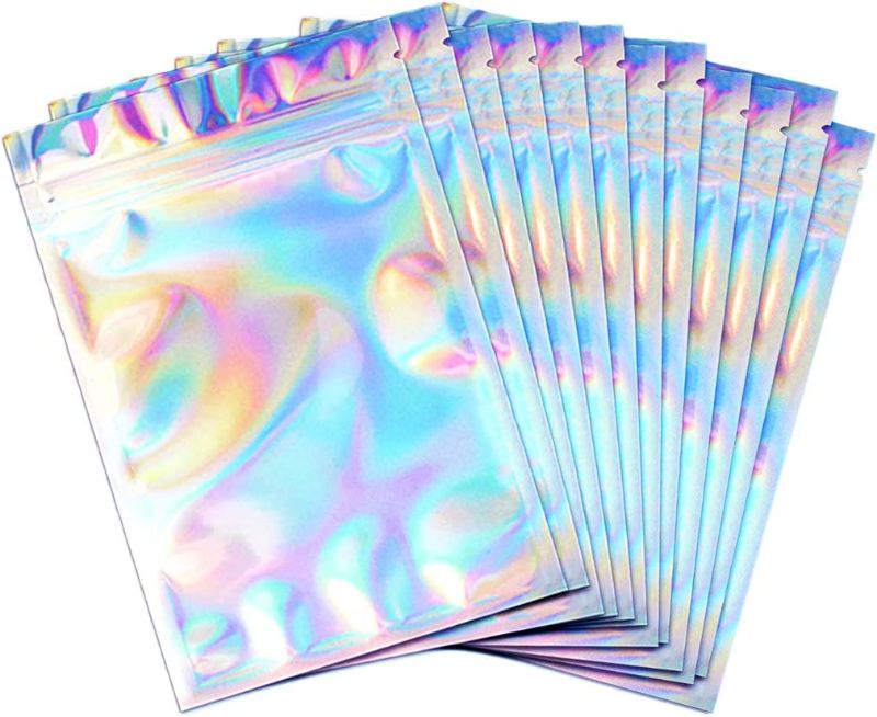Photo 1 of 100 Pieces Resealable Smell Proof Bags, Flat Clear Food Storage Bags Pouch Aluminum Plastic Packaging Bags, Rainbow Color (5x7inch) 