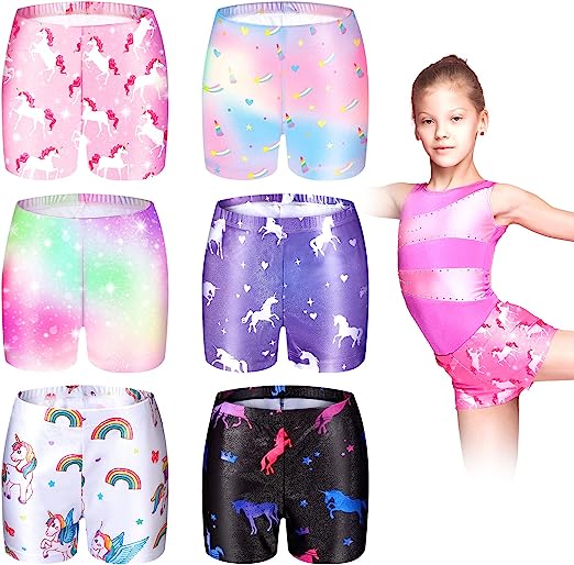 Photo 1 of 6 Pieces Girls Dance Short Gymnastics Unicorn Glitter Short Tumbling Athletic Gymnastics Short for Kids 8-9 Years
