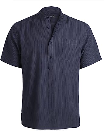 Photo 1 of Alizeal Mens Casual Cotton Viscose Henley Shirt Short Sleeve Solid Button-Down Beach Tops with Pocket - M