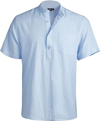 Photo 1 of Alizeal Mens Casual Cotton Viscose Henley Shirt Short Sleeve Solid Button-Down Beach Tops with Pocket 