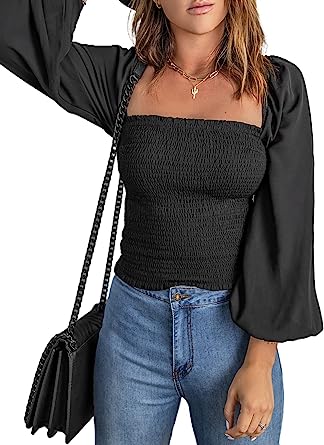 Photo 1 of Atanivo Womens Blouses Square Neck Cute Smocked Tops Long Sleeve Casual Shirts - XL