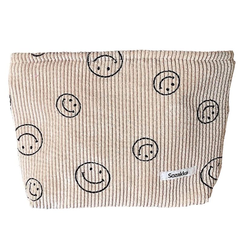 Photo 1 of Cosmetic Bags for Women, Smiling Face Small Makeup Bag for Purse, Corduroy Cosmetic Bag Aesthetic Make Up Bag Cute Makeup Pouch Organizer A-Khaki