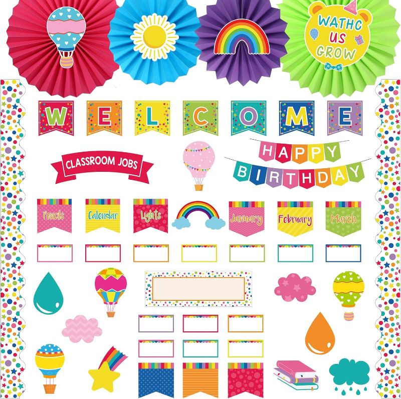 Photo 1 of Kosiz 221 Pcs Classroom Decorations Bulletin Board Decor Set Included Classroom Welcome Banner Happy Birthday Chart Classroom Jobs Poster for Elementary Middle School Class Decorations (Colorful)
