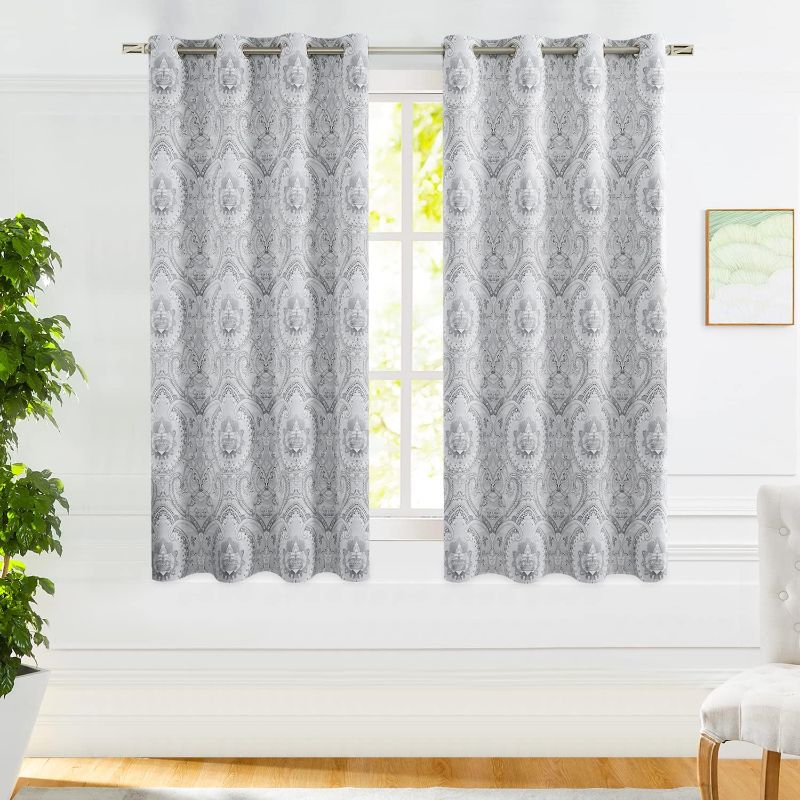 Photo 1 of  Blackout Curtains Grey Pattern Vintage Baroque Printed Curtains for Bedroom 63inch Length Luxruy 100% Full Blackout Curtain Drapes Energy Saving Thermal Curtain Panels Grommet Top 63 IN 2pcs