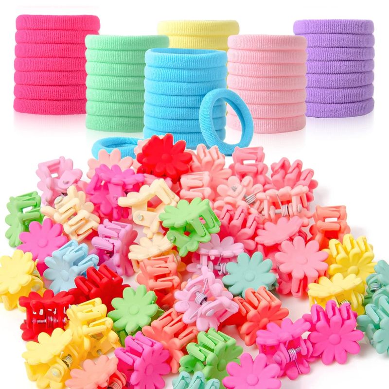Photo 1 of 100 PCS Baby Mini Claw Clips and Hair Bands,50pcs Flower Hair Clips and 50pcs Small Hair Ties for Thin Hair,Muilt-Color Ponytail Holder Hair Accessories for Kids Girls Women

